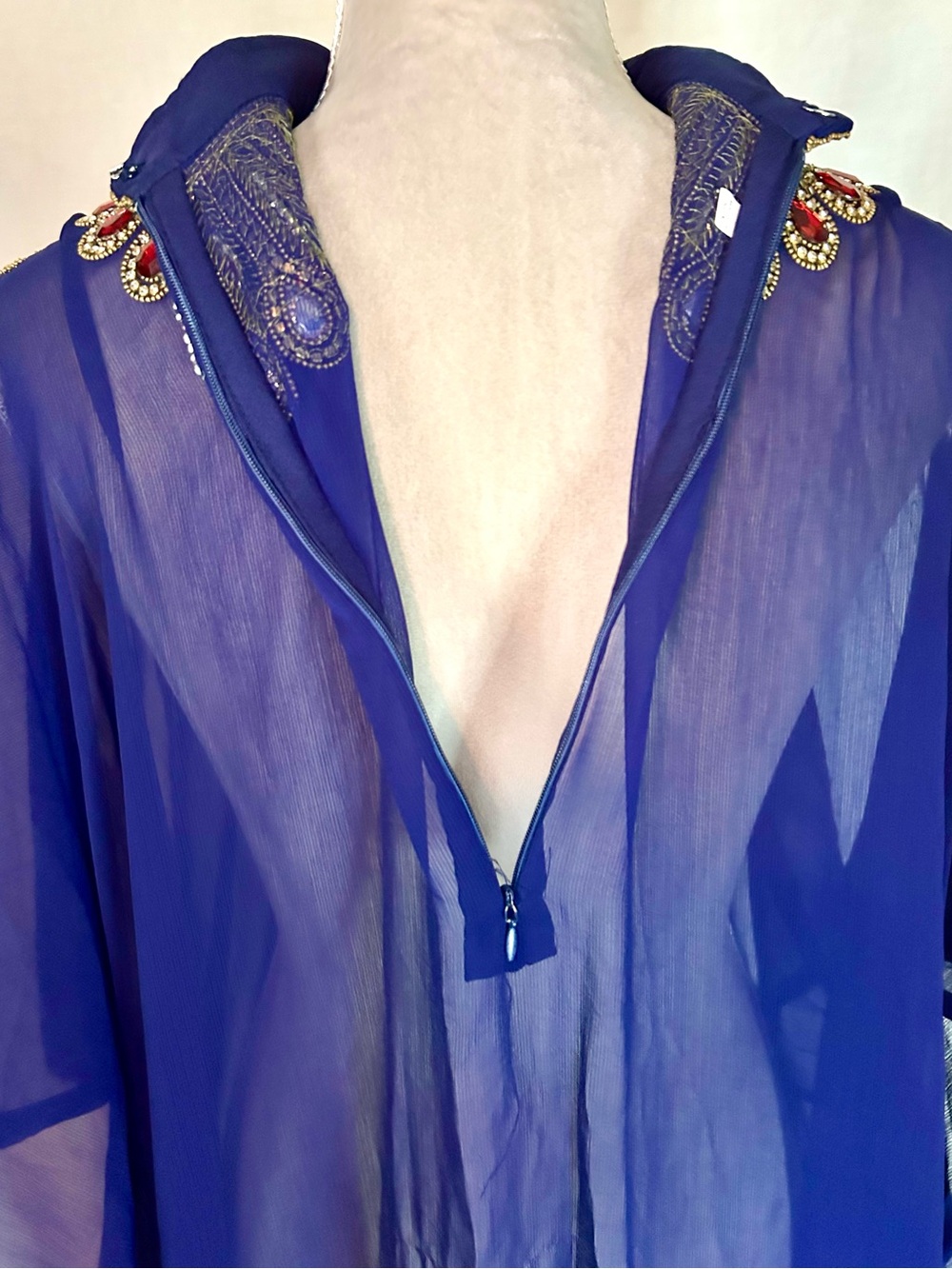 Royal Blue Sheer Hand Beaded Gold, Multicolor Farasha Kaftan Gown, Free Size - Picture 15 of 17